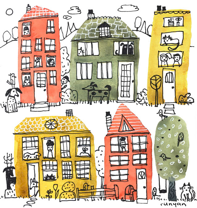 Busy Neighborhood _Cat Dog- city- Dog- House _  Creatif
