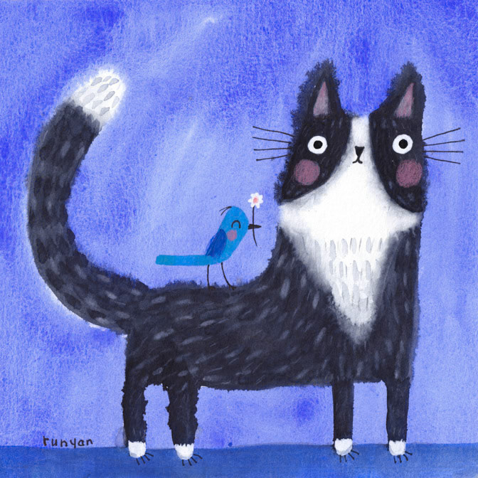 TUXEDO ON BLUE _Bird- Cat _  Creatif