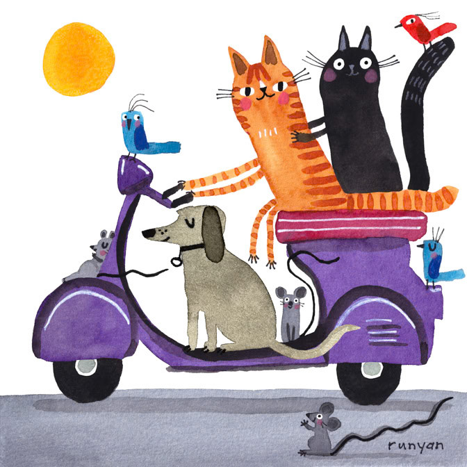 PURPLE SCOOTER 13x13 _Cat Dog- Scooter _  Creatif