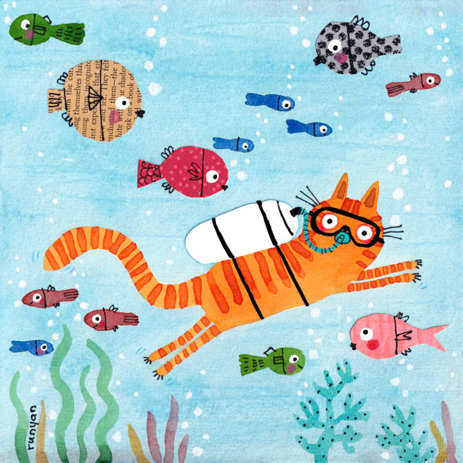 SCUBA CAT clean _Cat- cotebordeau postcards- Skoko Cards Germany _  Creatif