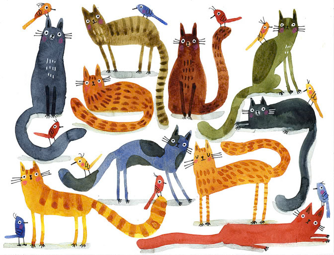 Watercolor Cats &amp; Birds - Terry Runyan - Creatif _Ashdene- Cat _  Creatif