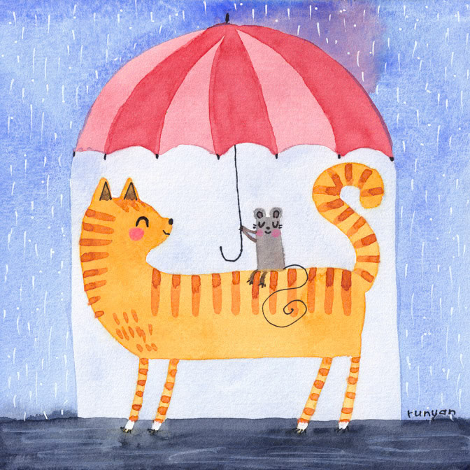 RAINY DAY FRIENDS _Cat- Mouse- Rain- Umbrella _  Creatif ©Terry Runyan - Creatif License