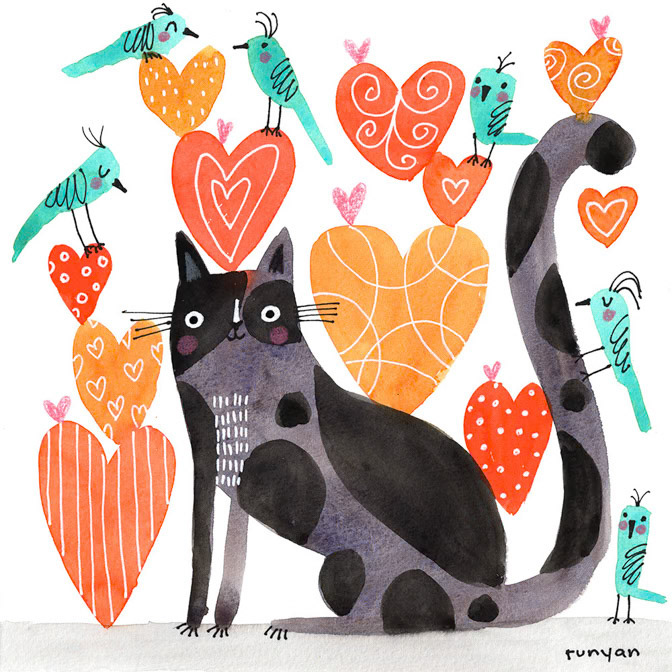 VALENTINE CAT &amp; BIRDS _Cat- cotebordeau postcards- Maggie- Val- Valentine _  Creatif