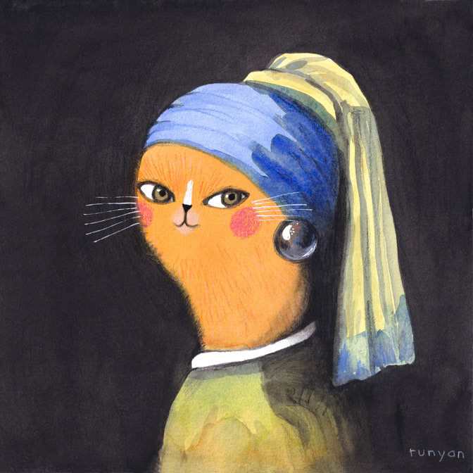CAT WITH PEARL EARRING 15x15 _art needlepoint- Hires _  Creatif