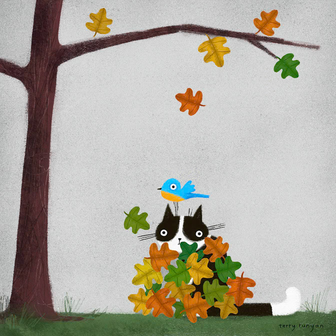 FALL clean - Terry Runyan - Creatif _autumn- Bird- Calendar Club Card- Cat- Fall- Larkwood Card- Leaves _  Creatif ©Terry Runyan - Creatif License