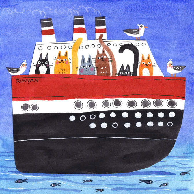 ALL ABOARD _boat- Cats- seagull- Ship _  Creatif