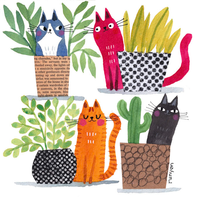 IN THE PLANTS (to Peggy) _andrews Mcmeel 2027- baskets- Cats- Floral- planters _  Creatif