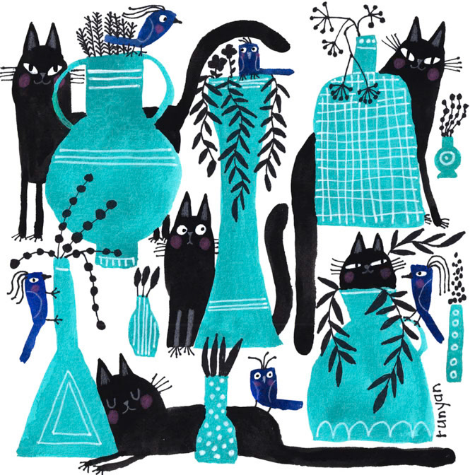 TURQUOISE VASES _Cat _  Creatif ©Terry Runyan - Creatif License