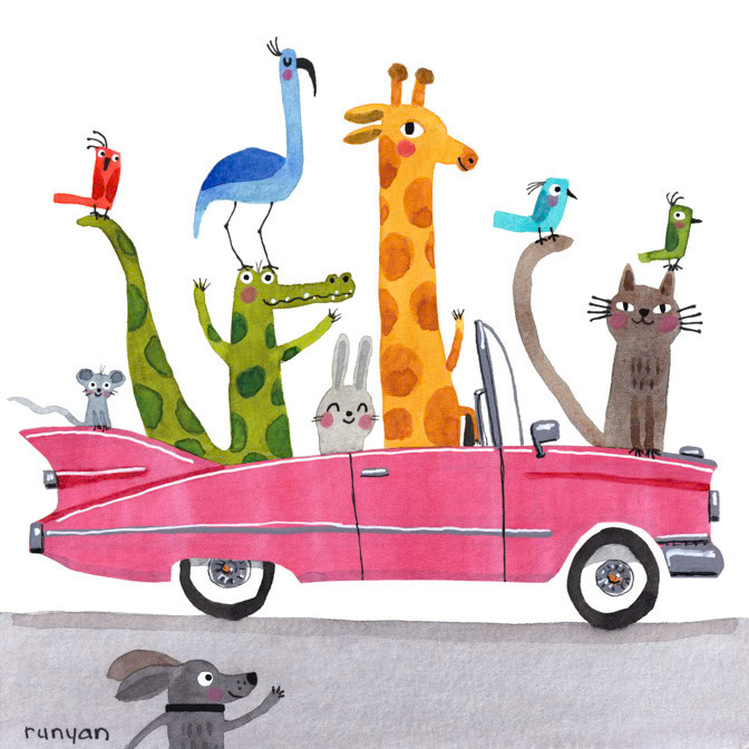 PINK CADILLAC GANG 13x13 _Animals- Car- Giraffe- Transport _  Creatif ©Terry Runyan - Creatif License