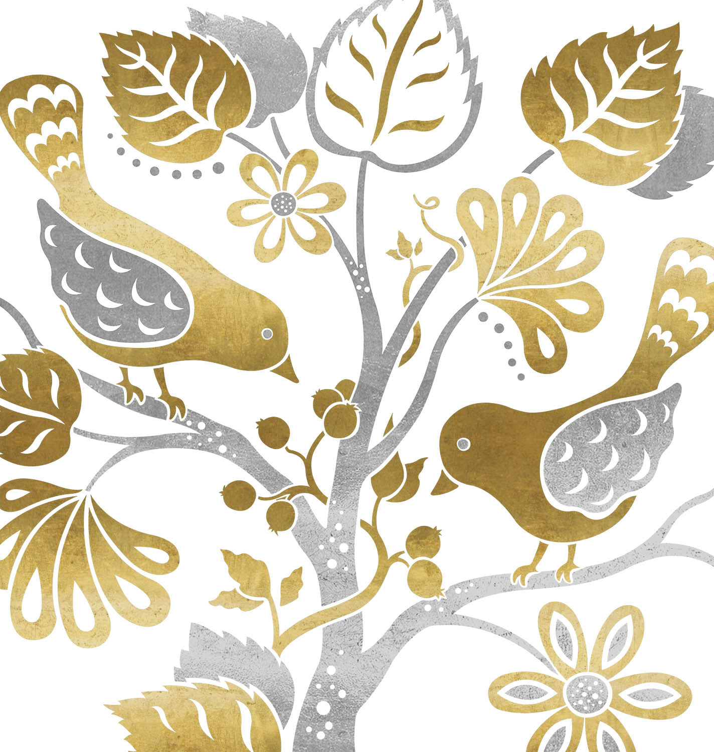 SH_Bird_891_3_Two Birds in Flowring Tree Silver Gold_Creatif ©Steve Haskamp - Creatif License