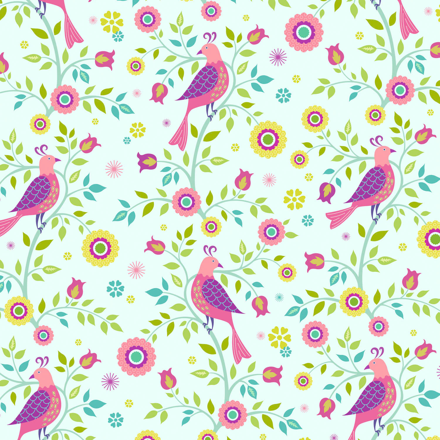 SH_Bird_926-BrightMultiBirdsOnAFloralVineRepeatedBrightPaletteCropped ©Steve Haskamp - Creatif License