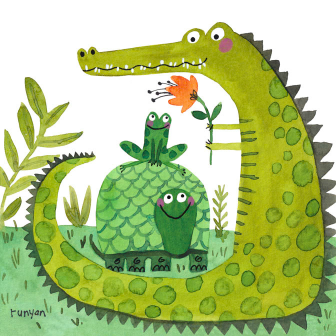 FRIENDS IN GREEN 13x13 _Crockadile- Frog- Turtle _  Creatif ©Terry Runyan - Creatif License