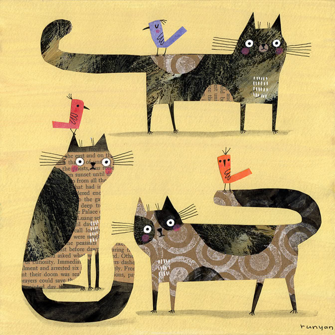 3 CATS 3 BIRDS - Terry Runyan - Creatif _Cat _  Creatif