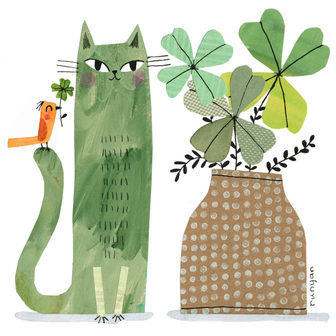 KITTY and CLOVER _Cat- Floral- Green- vase _  Creatif