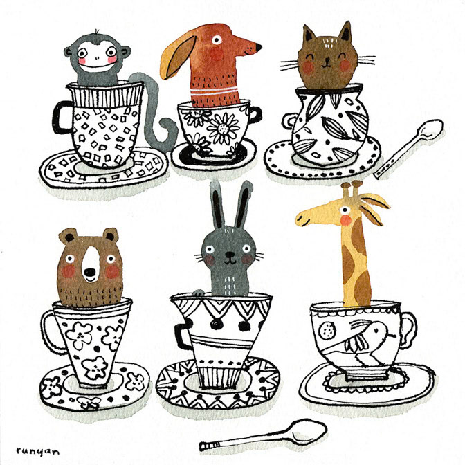 TEA TIME FRIENDS - Terry Runyan - Creatif _Animals- Tea cups _  Creatif ©Terry Runyan - Creatif License