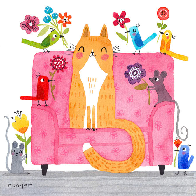 GINGER LOVERS 6x6 _Birds- Calendar Club Card- Cat- Couch- flower- Skoko Cards Germany _  Creatif ©Terry Runyan - Creatif License