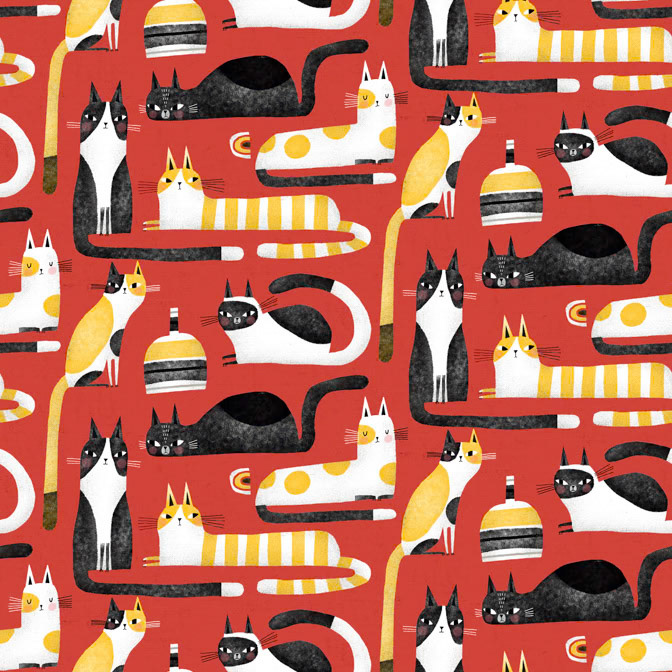 16132 Cosmo Cats 10 Red Multi 6X12 SR _Cat- Fabric- Patterns _  Creatif ©Terry Runyan - Creatif License