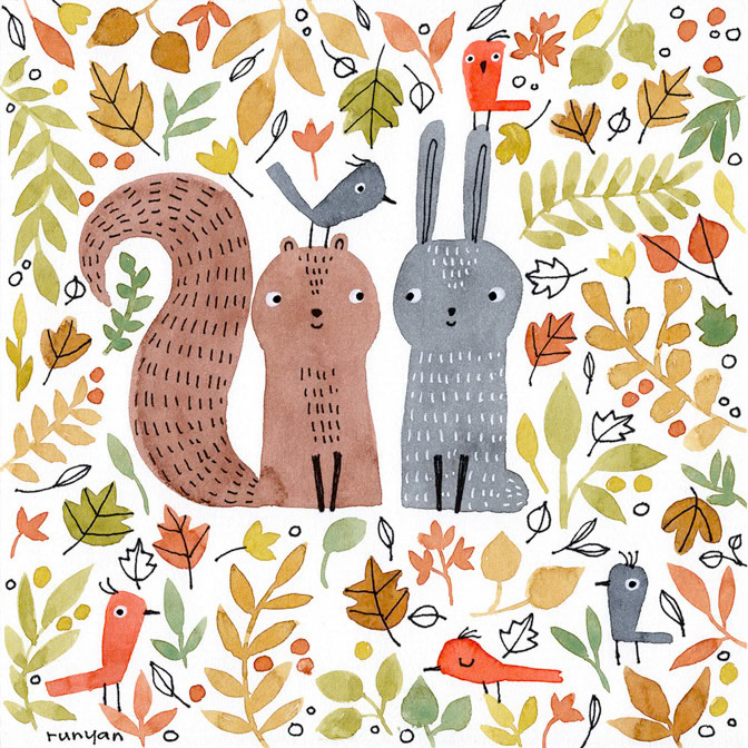 FALL FRIENDS - Terry Runyan - Creatif _Animals- autumn- Fall- Rabbits- Squirrel _  Creatif ©Terry Runyan - Creatif License