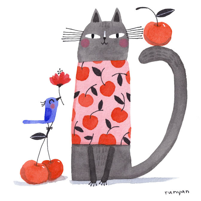 CHERRY LOVER'S FRIEND _Bird- Cats- cherries- Fruit- Masala2510 _  Creatif