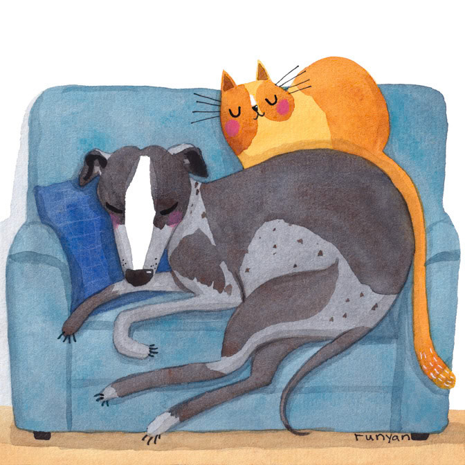 COUCH POTATOES 13x13 _Cat Dog- Couch _  Creatif ©Terry Runyan - Creatif License
