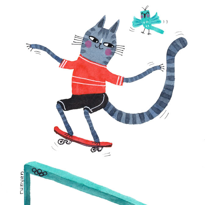 CAT ON BOARD _Bird- Cats- skateboard _  Creatif
