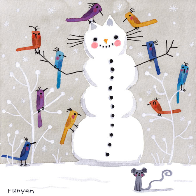 SNOWCAT PERCH _Bird- Cat- christmas- snowman _  Creatif