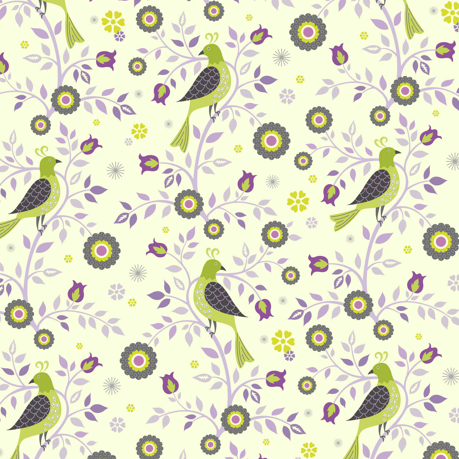 SH_Bird_924-GreyPurpleMultiBirdsOnAFloralVinePatternCropped ©Steve Haskamp - Creatif License