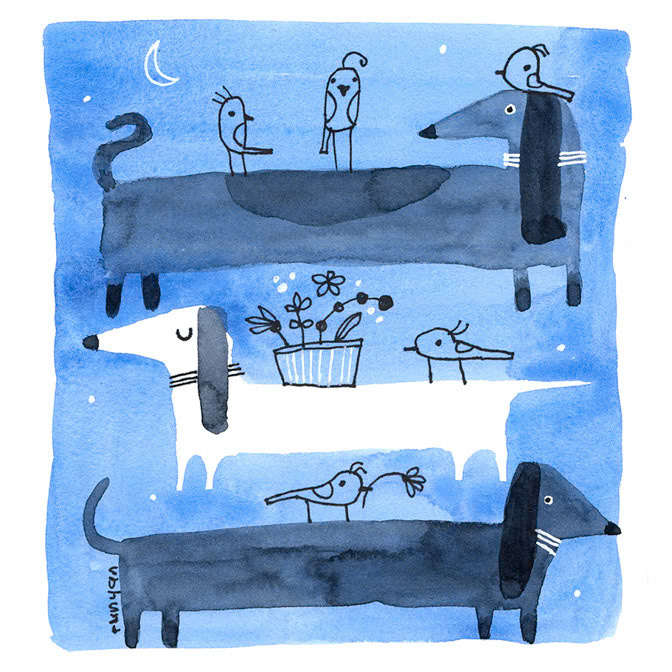 DACHSHUNDS ON BLUE - Terry Runyan - Creatif _Dogs _  Creatif ©Terry Runyan - Creatif License