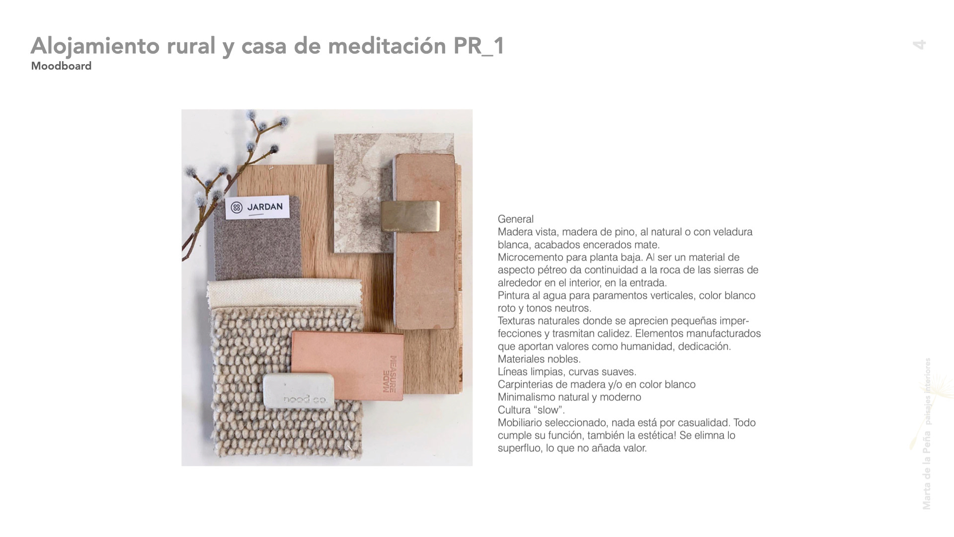 Moodboard para proyecto de interiorismo para alojamiento rural y casa de meditación y yoga, en la montaña de Pirineos. Arquitectura de interiores. Slow Life.