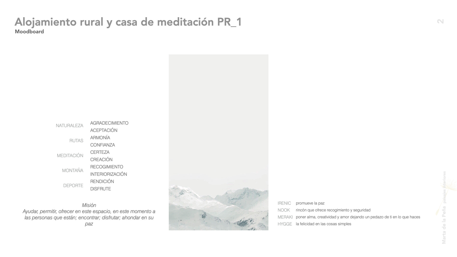 Moodboard para proyecto de interiorismo para alojamiento rural y casa de meditación y yoga, en la montaña de Pirineos. Arquitectura de interiores. Slow Life.