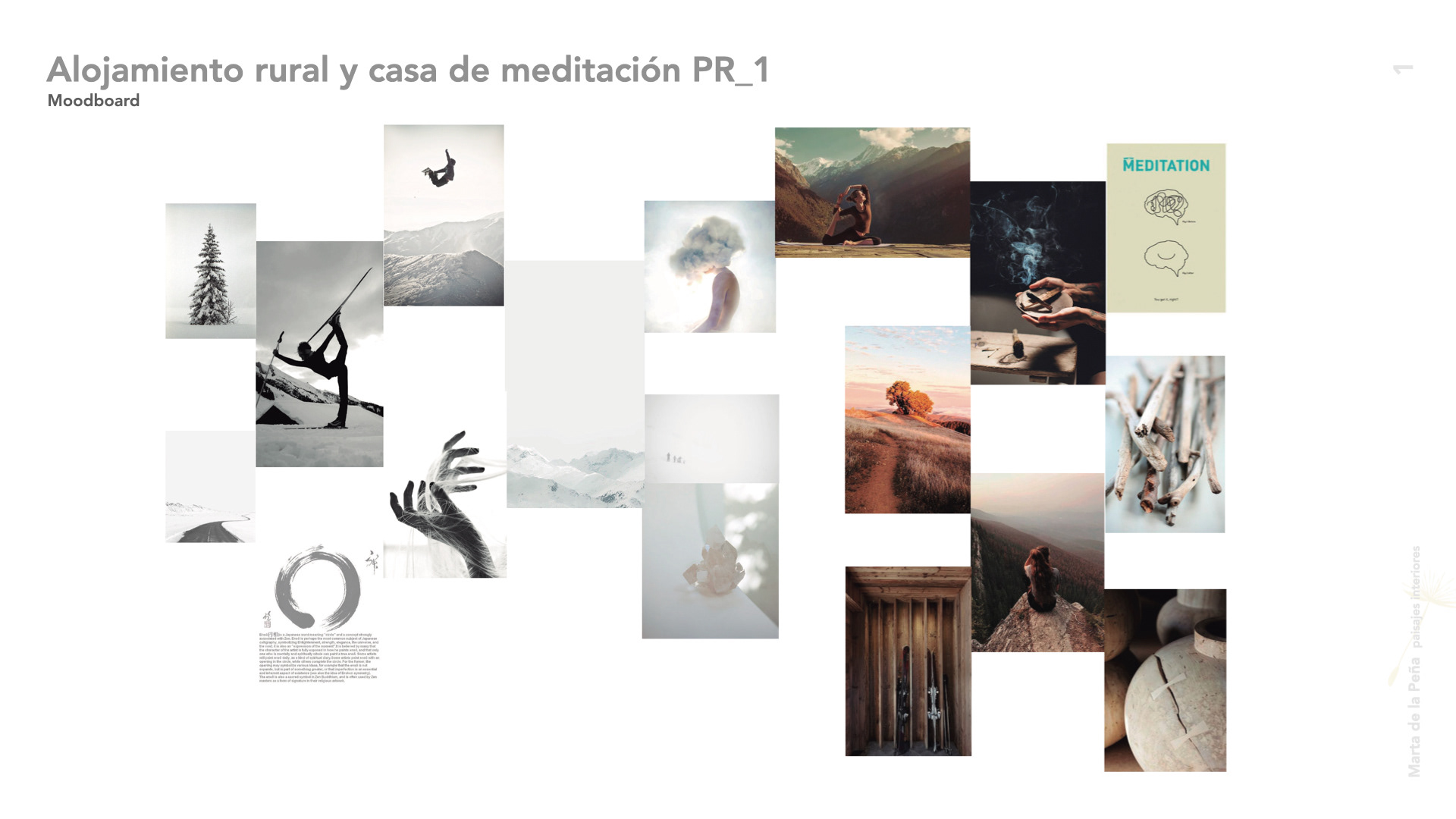 Moodboard para proyecto de interiorismo para alojamiento rural y casa de meditación y yoga, en la montaña de Pirineos. Arquitectura de interiores. Slow Life.