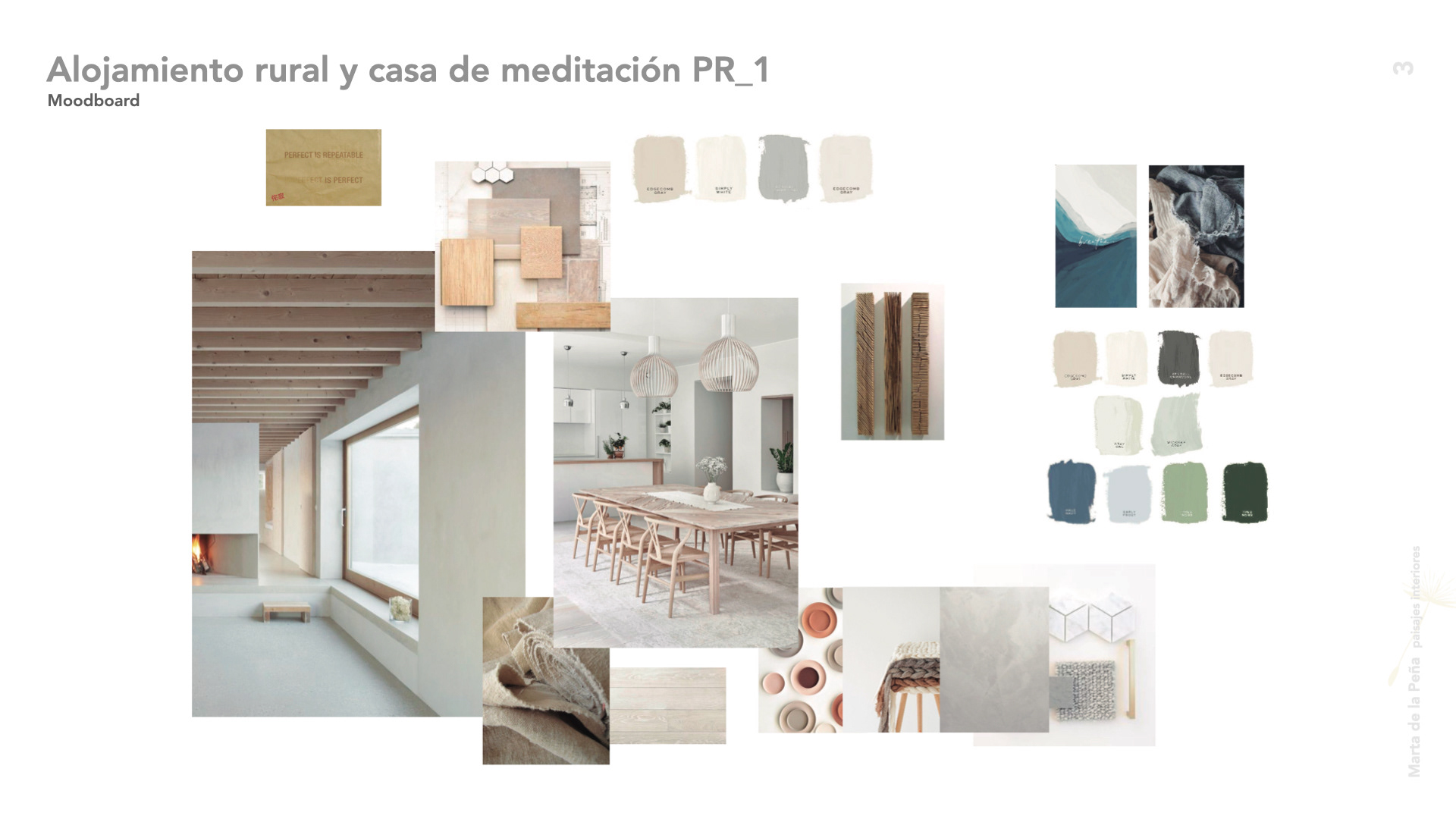 Moodboard para proyecto de interiorismo para alojamiento rural y casa de meditación y yoga, en la montaña de Pirineos. Arquitectura de interiores. Slow Life.