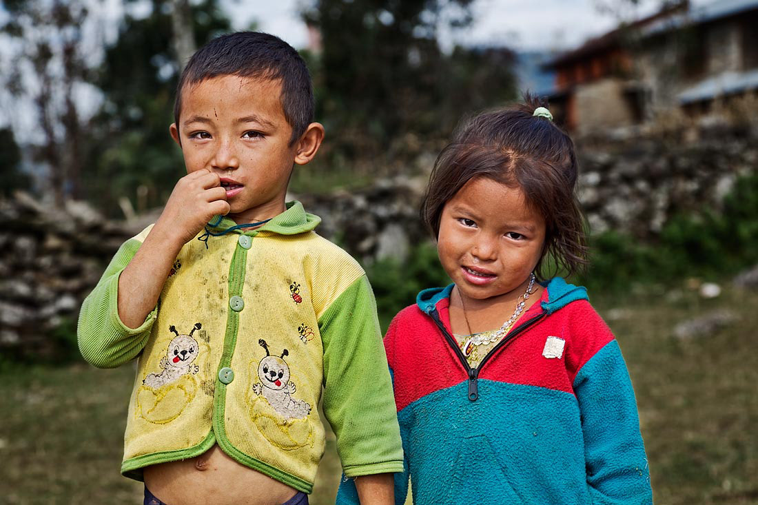 Children in the village of Kispang, 1850 m above sea level. Himalayas, Nepal.