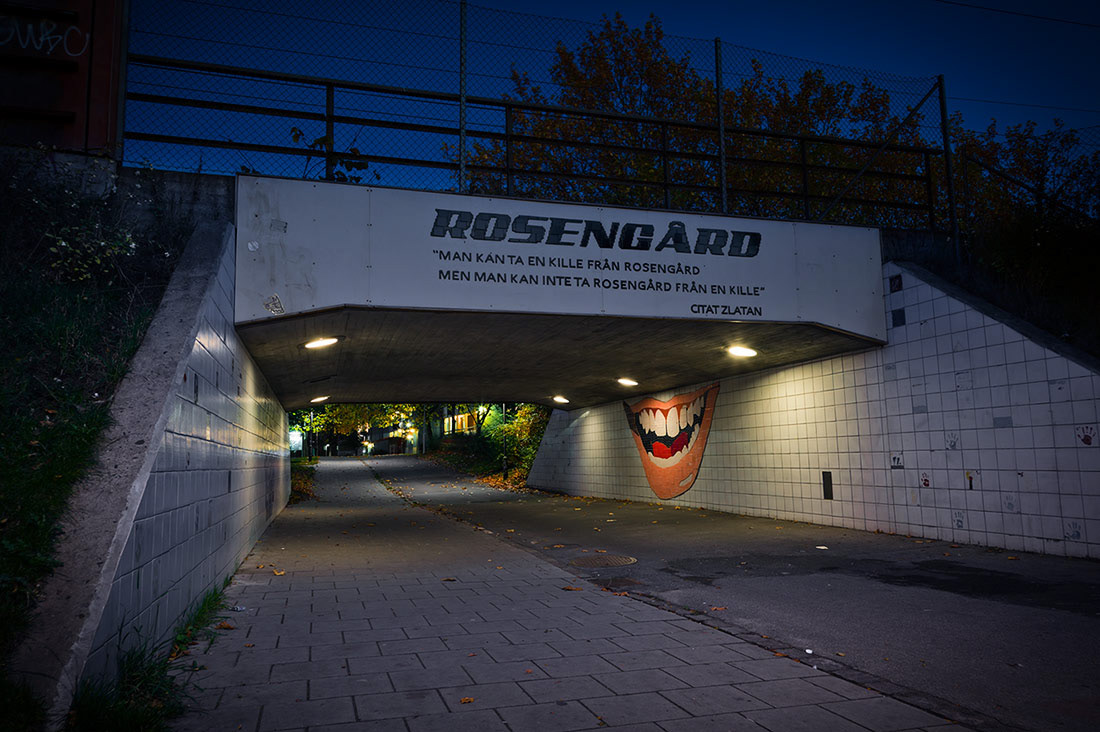 ‘Zlatan’s smile’ by artist Björn Carnemalm. The pedestrian tunnel connects Rosengård with the old industrial area at Norra Grängesberg Street in Malmö.