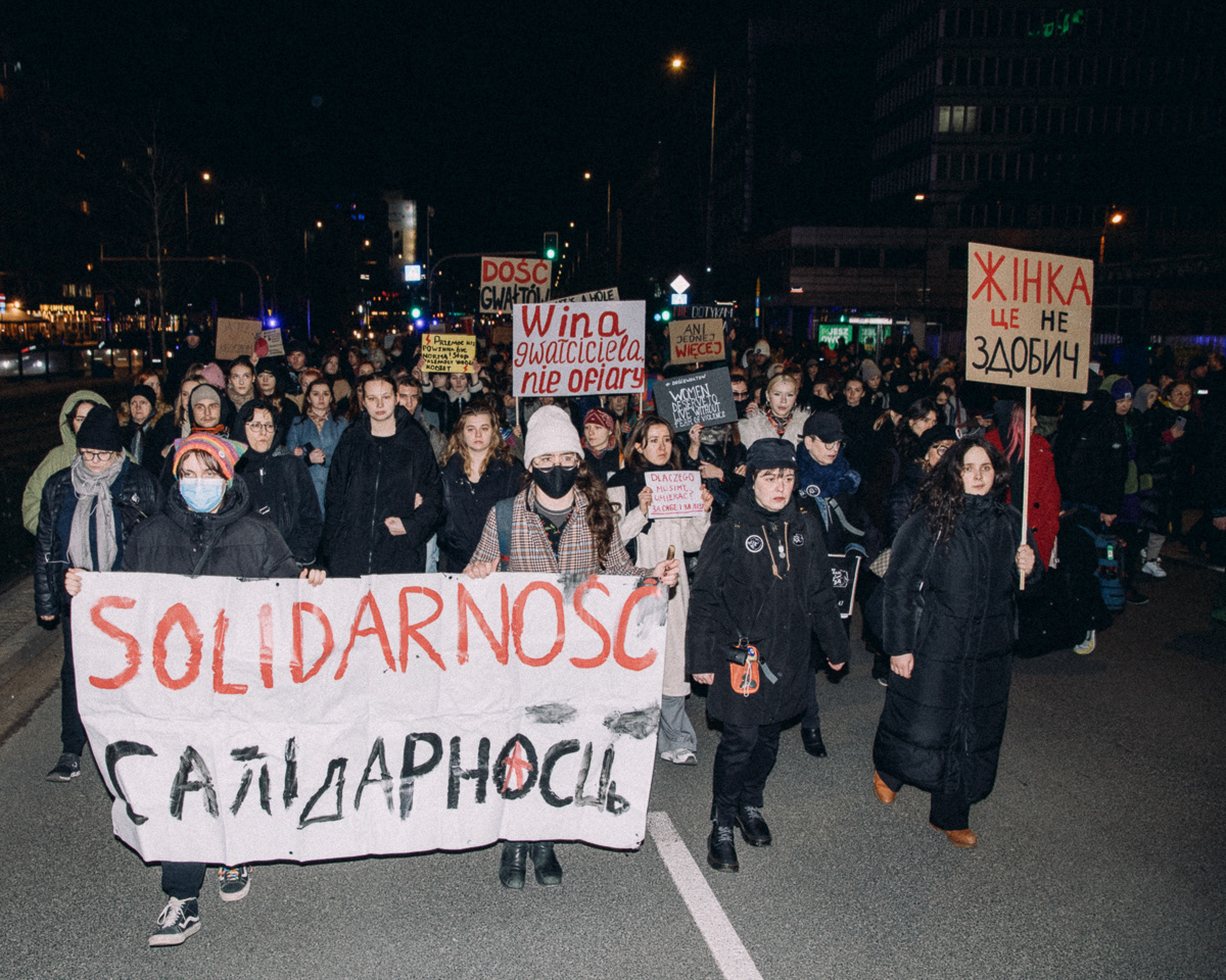 "Solidarity"; "The fault of the rapist, not the victim"; "Women are not prey"