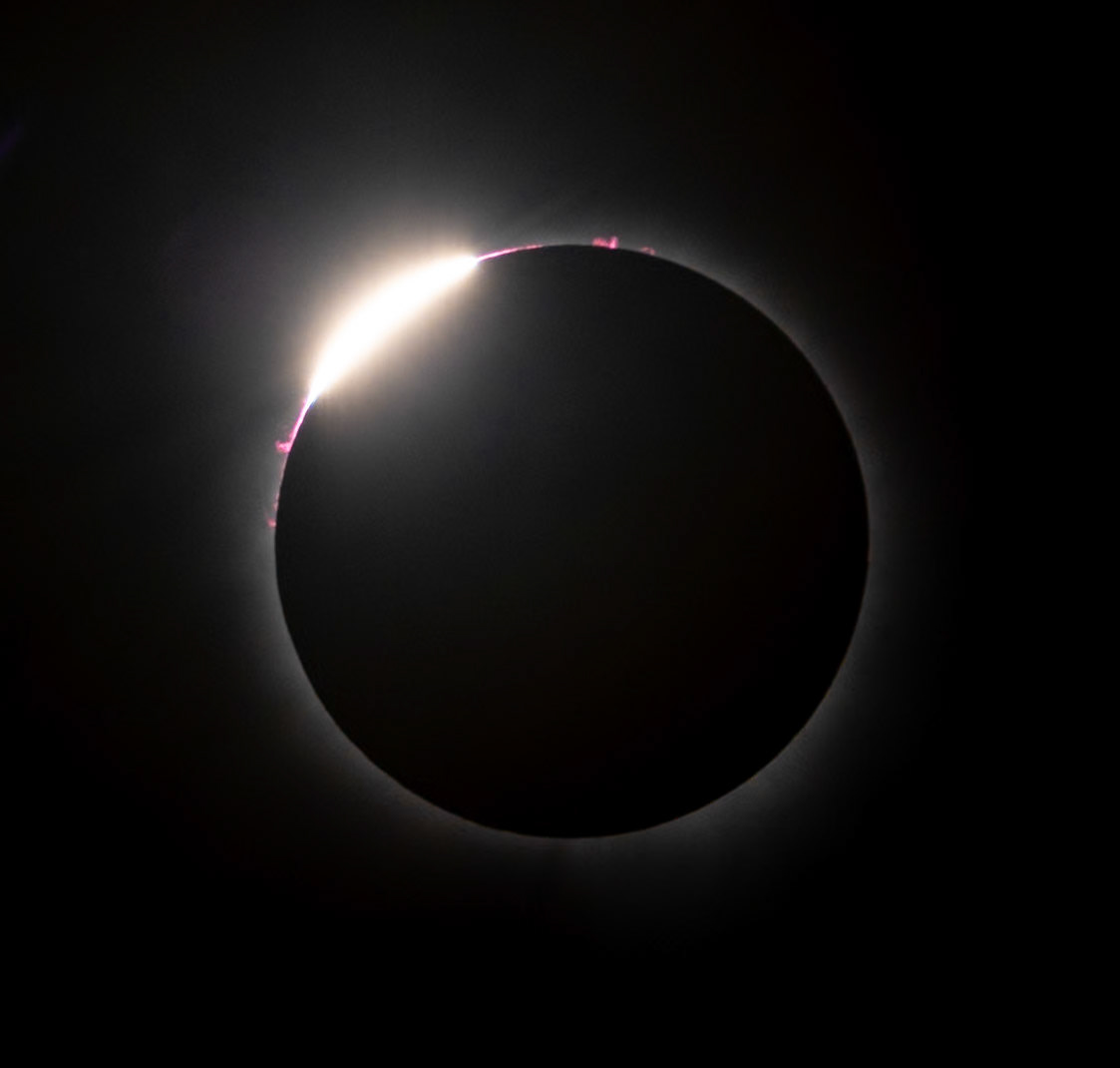 Near Totality, "Diamond Ring" Effect & Solar Flares Visible