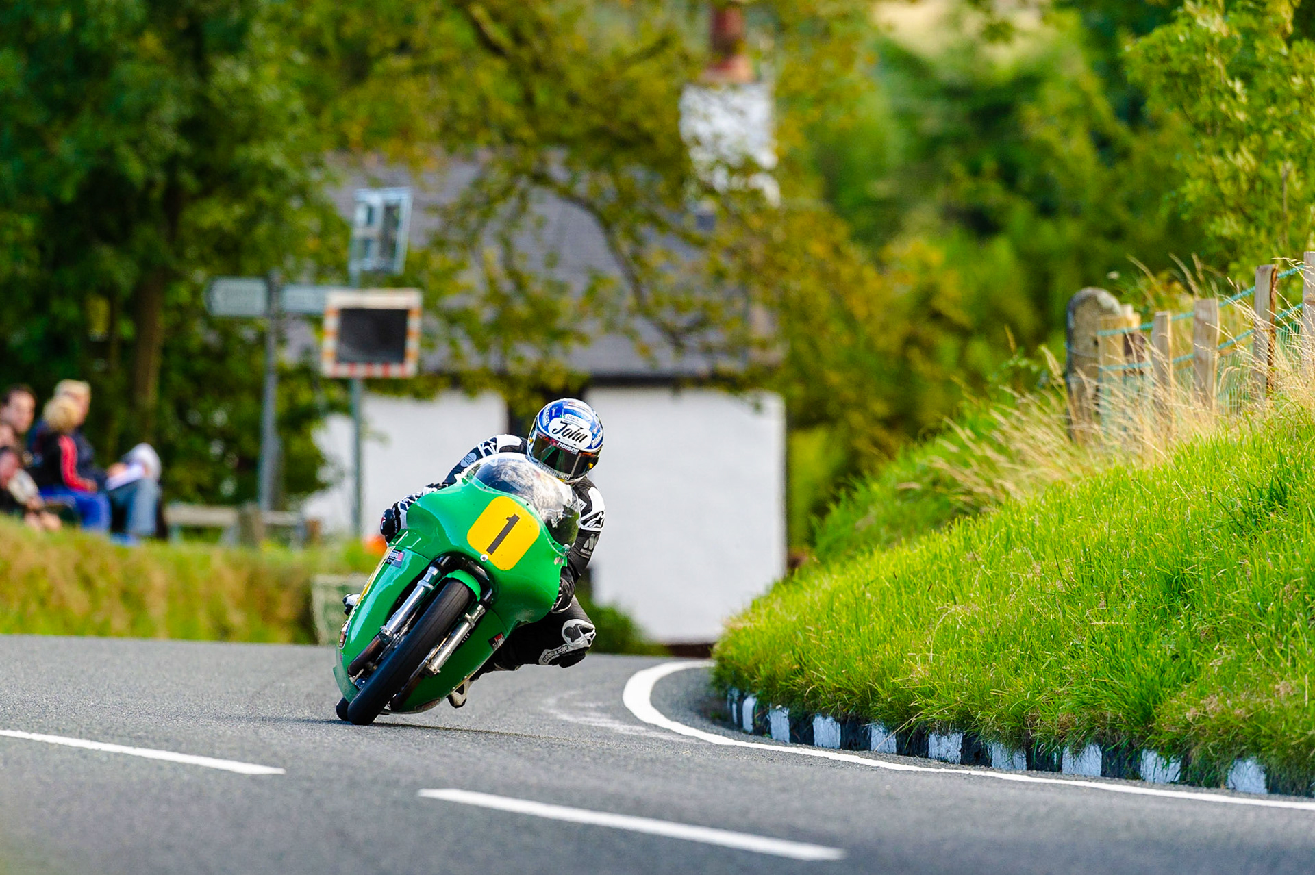 John McGuinness (Team Winfield Paton) at the top of Barregarrow during practice for the Senior Classic TT at the 2014 Festival of Motorcycling. Image by Tony Goldsmith.
