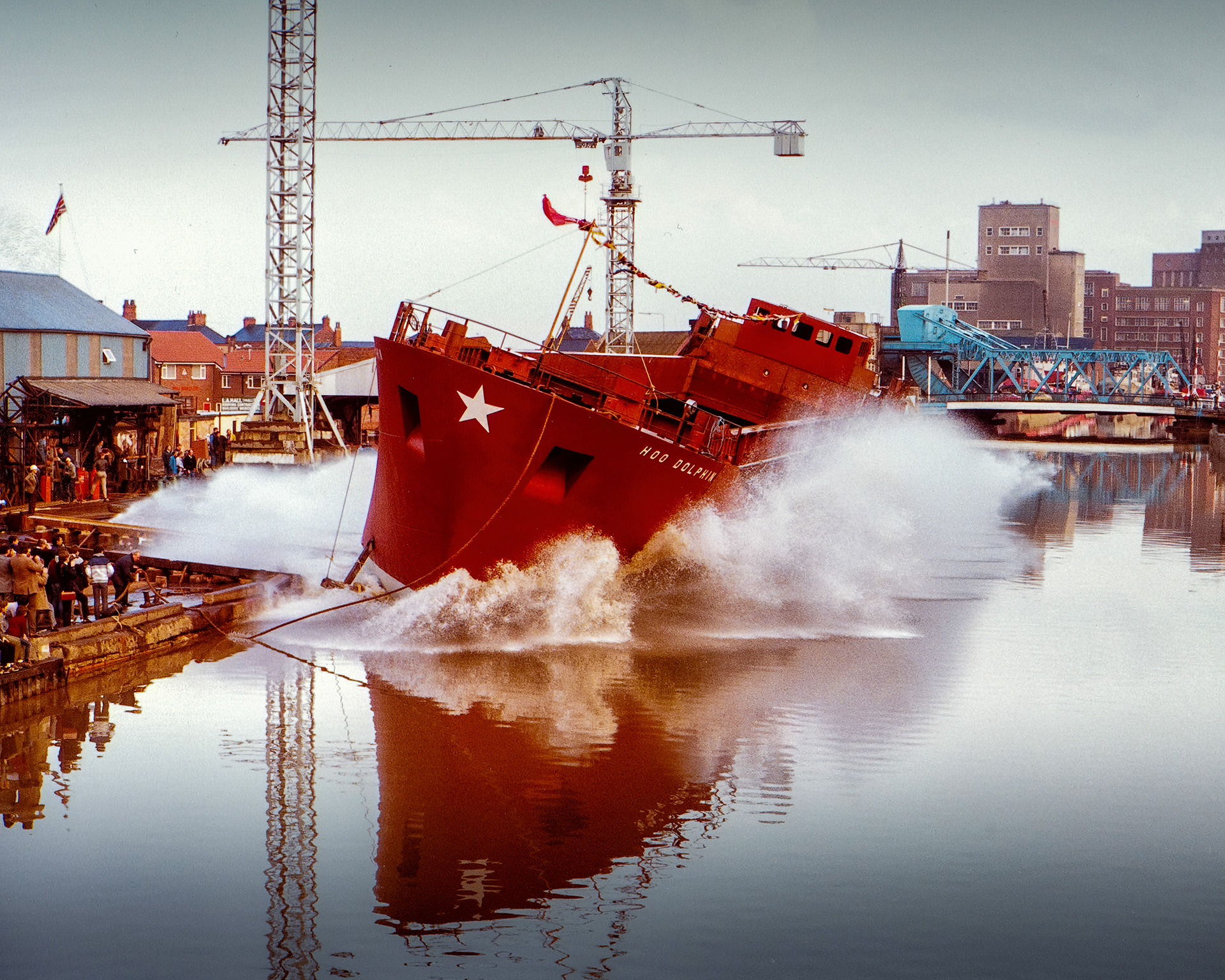 Ref: Hoo Dolphin_19860622_0001. Views from Hull Corporation Pier, April 10, 2013. The Hoo Dolphin being side launched onto the river Hull mid-1986 at Yorkshire Dry Dockyard on the riverside. River Hull, Kingston Upon Hull, East Yorkshire, United Kingdom, 1986.