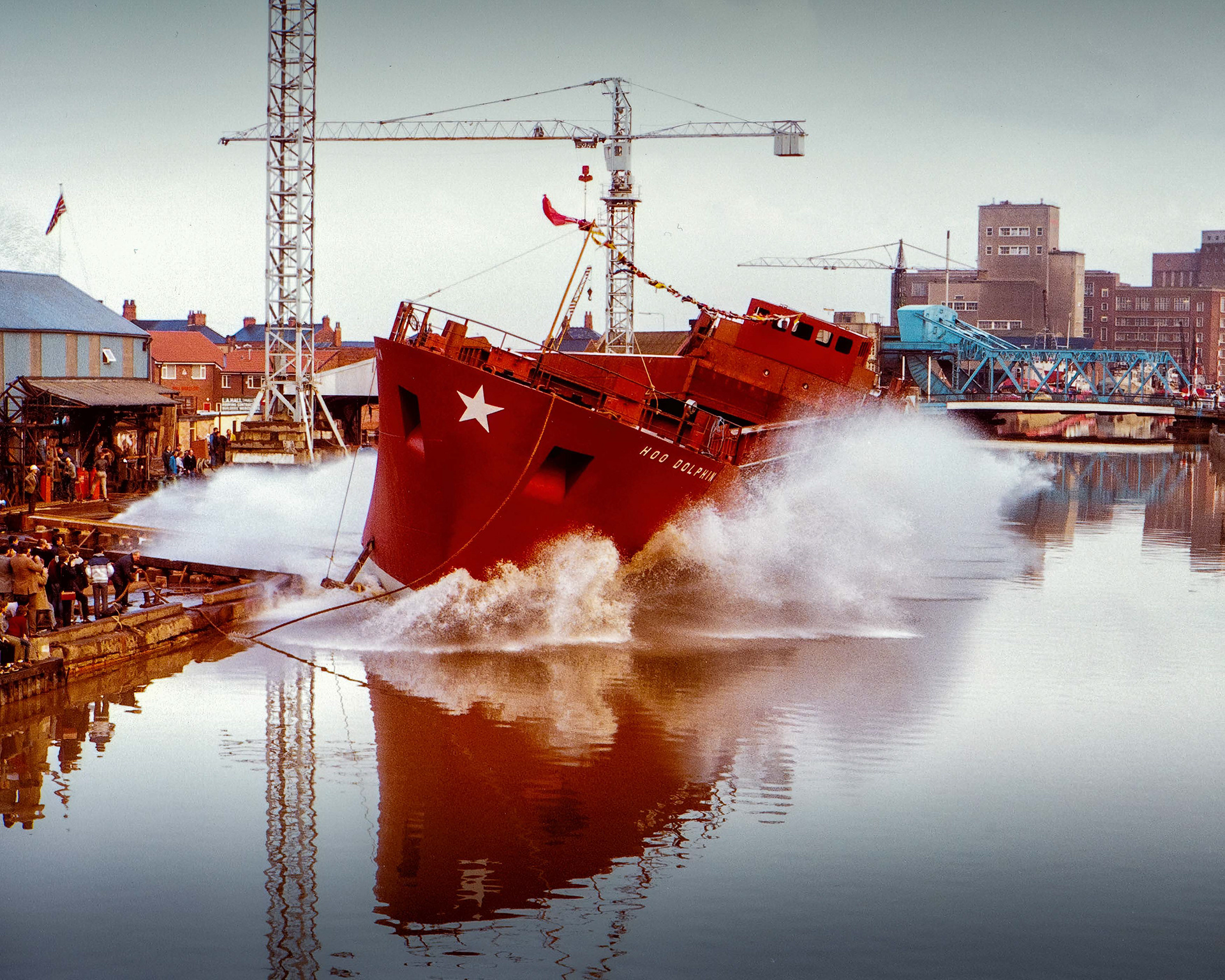 Ref: Hoo Dolphin_19860622_0001.  The Hoo Dolphin being side launched onto the River Hull mid-1986 at Yorkshire Dry Dockyard.