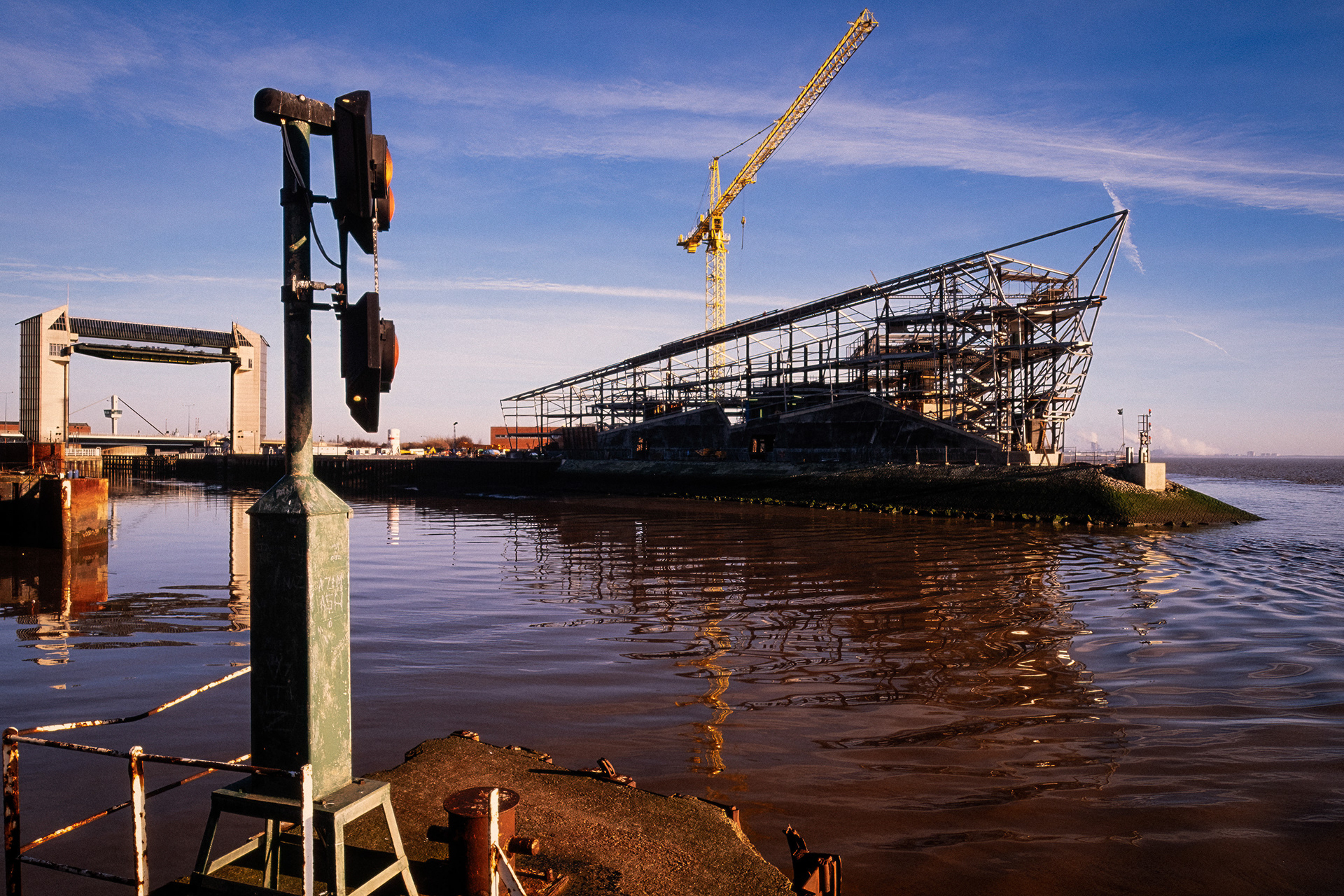 The Deep, Kingston Upon Hull, East Yorkshire, United Kingdom, 13 January, 2001. Pictured: The Deep is Hull’s award-winning aquarium or submarium, built and completed in the early 2000’s. It is seen here mid-construction, with most of the structural steelwork in place. It was designed by Terry Farrell and built as part of the UK National Lottery's Millennium Commission project.