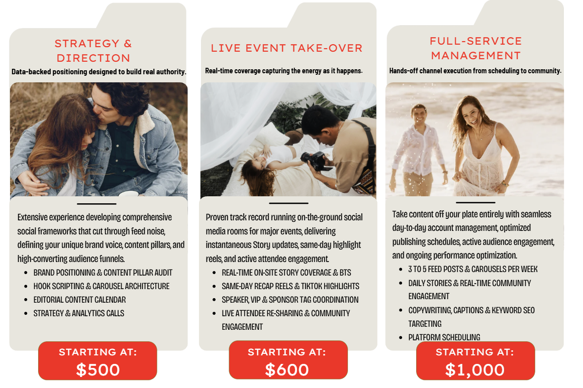Social Media Management Packages by Nigel D. Presents: Social Media Strategy & Direction starting at $500, Live Event Social Media Take-Over starting at $600, and Turnkey Full-Service Social Media Management starting at $1,000.
