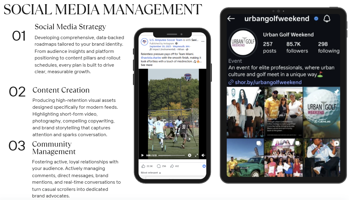 Social Media Management, Strategy, and Content Creation services by Nigel D. Presents, featuring mobile portfolio mockups from real brand campaigns including Urban Golf Weekend and sports event coverage.   