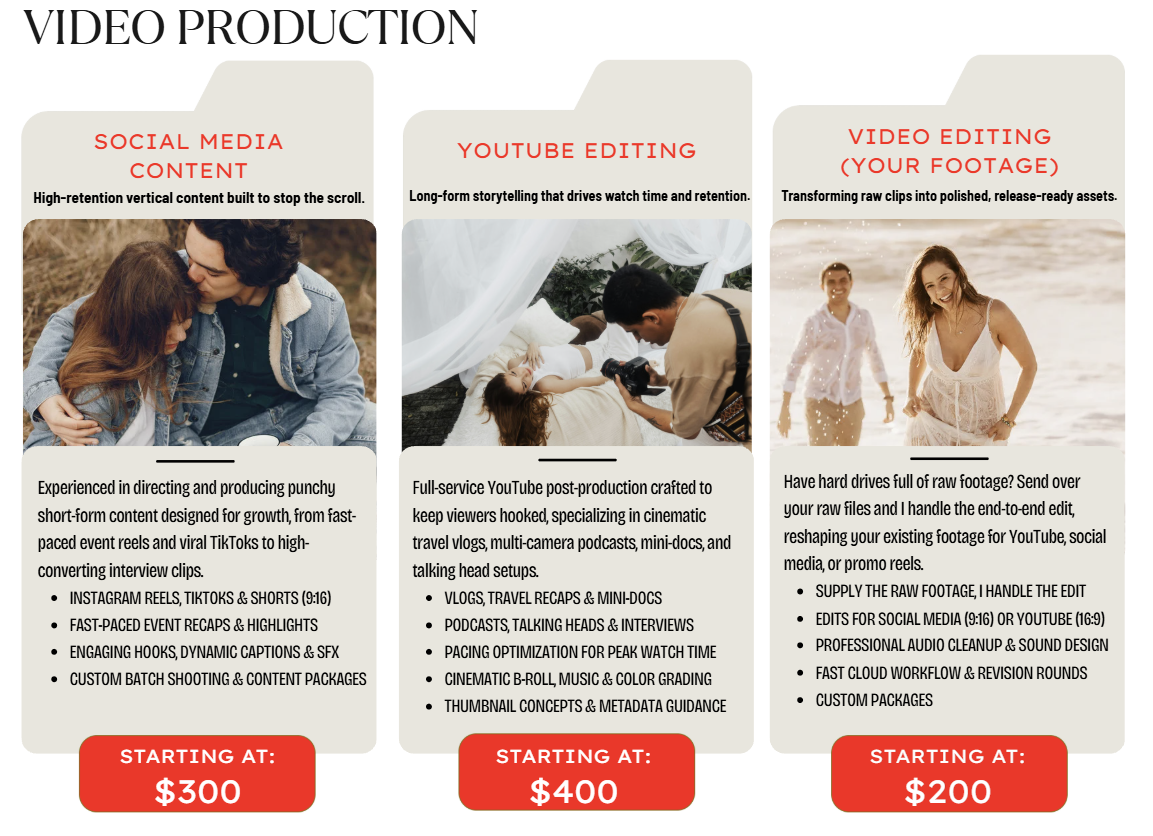 Video Production and Editing Services by Nigel D. Presents: Short-Form Social Media Content starting at $300, Long-Form YouTube Post-Production starting at $400, and Remote Video Editing for client-supplied footage starting at $200.   