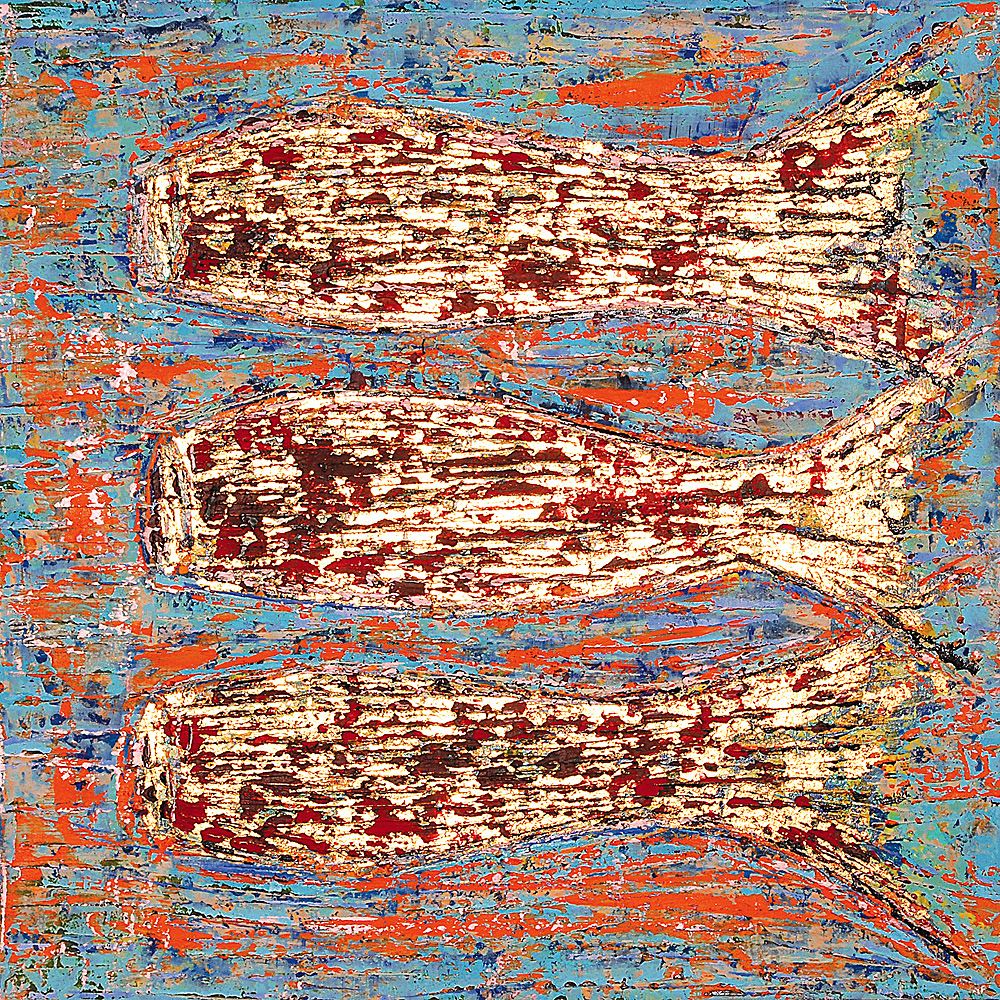 TRIPLE FISH 1 oil on canvas, 30 by 30 inches, 2000, HERMANN LEDERLE