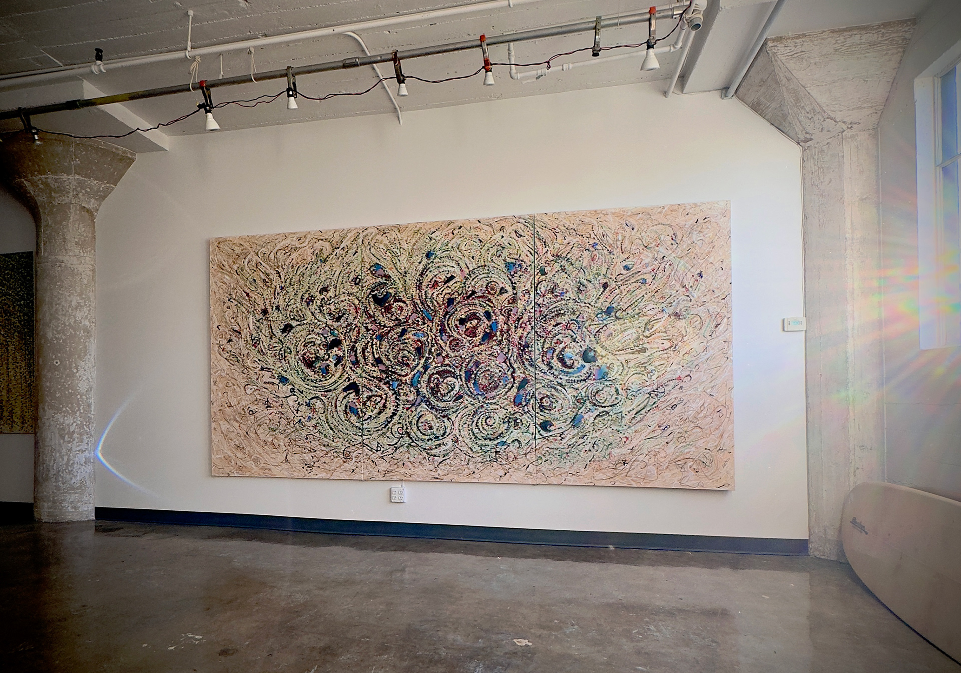 BINGE, oil on canvas, 3 panels, 72x144 inches, 2023 at Factory Studio, Hermann Lederle