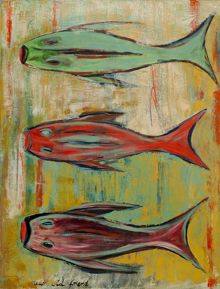 THREE FISH oil on canvas, 68 by 52 inches, 1988, HERMANN LEDERLE