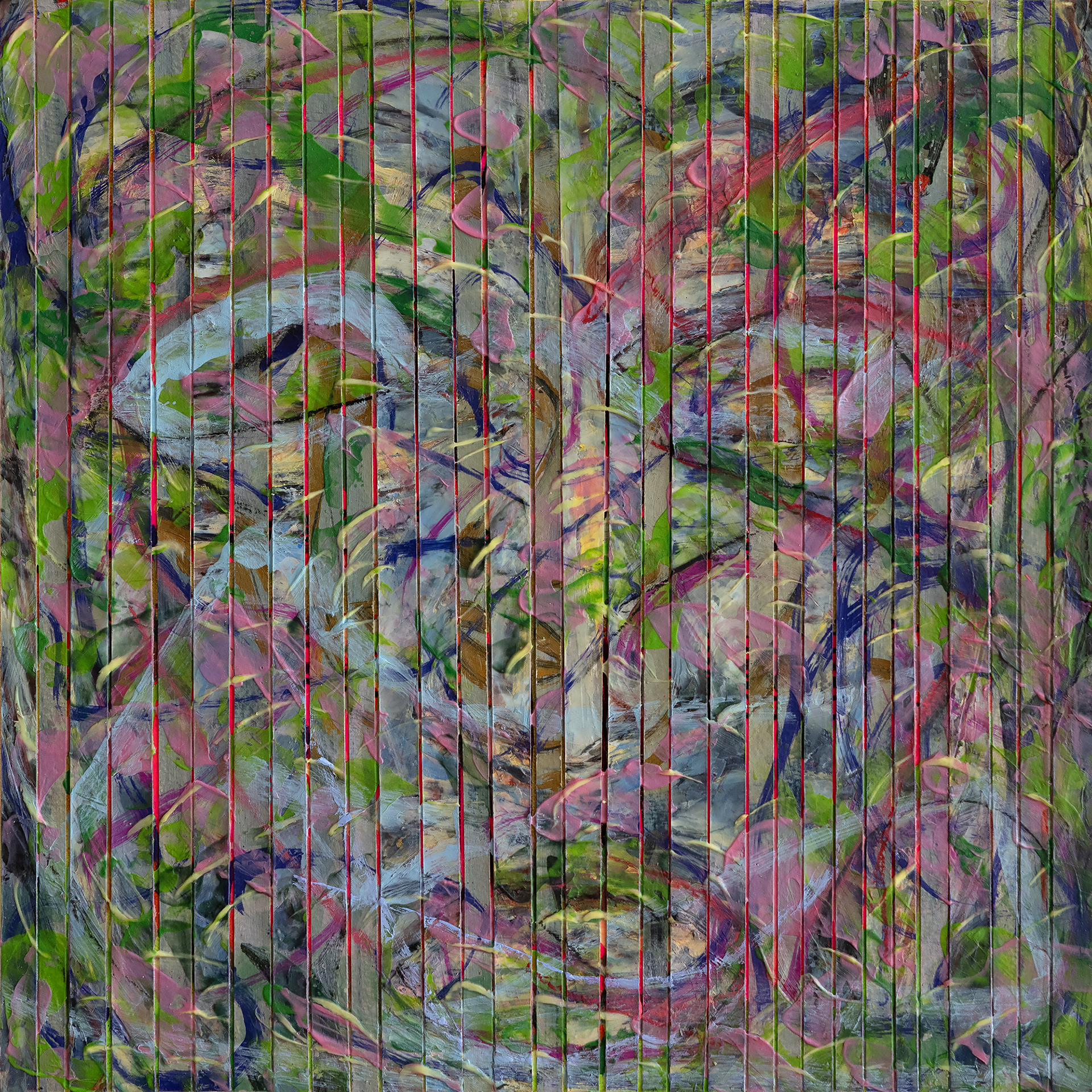 HEADS STRIPES NY TWO oil and gold leaf on paper stripes over canvas, 18 by 18 inches (46x46cm), 2026, HERMANN LEDERLE