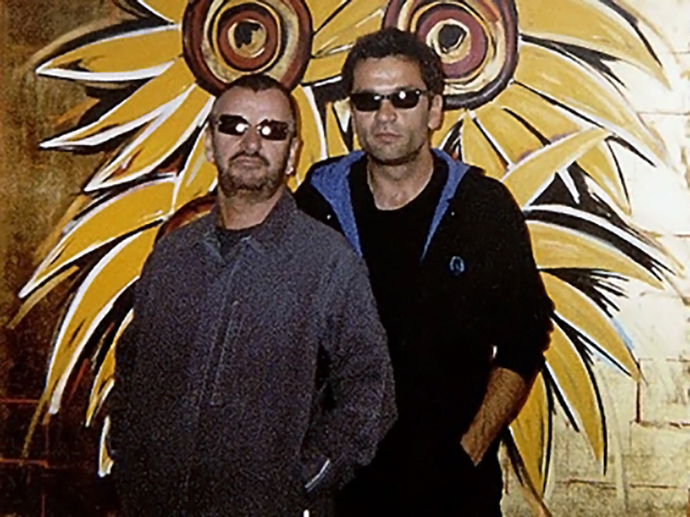 Ringo Starr and Hermann Lederle at Media Rare Gallery Exhibition 2001 with painting SUNFLOWER, oil on canvas, 70x72 inches, 1990