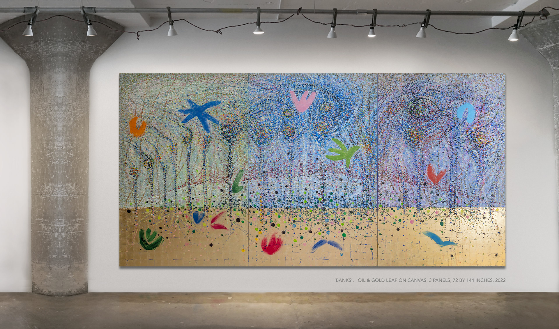 'BANKS', oil & gold leaf on canvas, 3 panels 72 by 144 inches, 2022