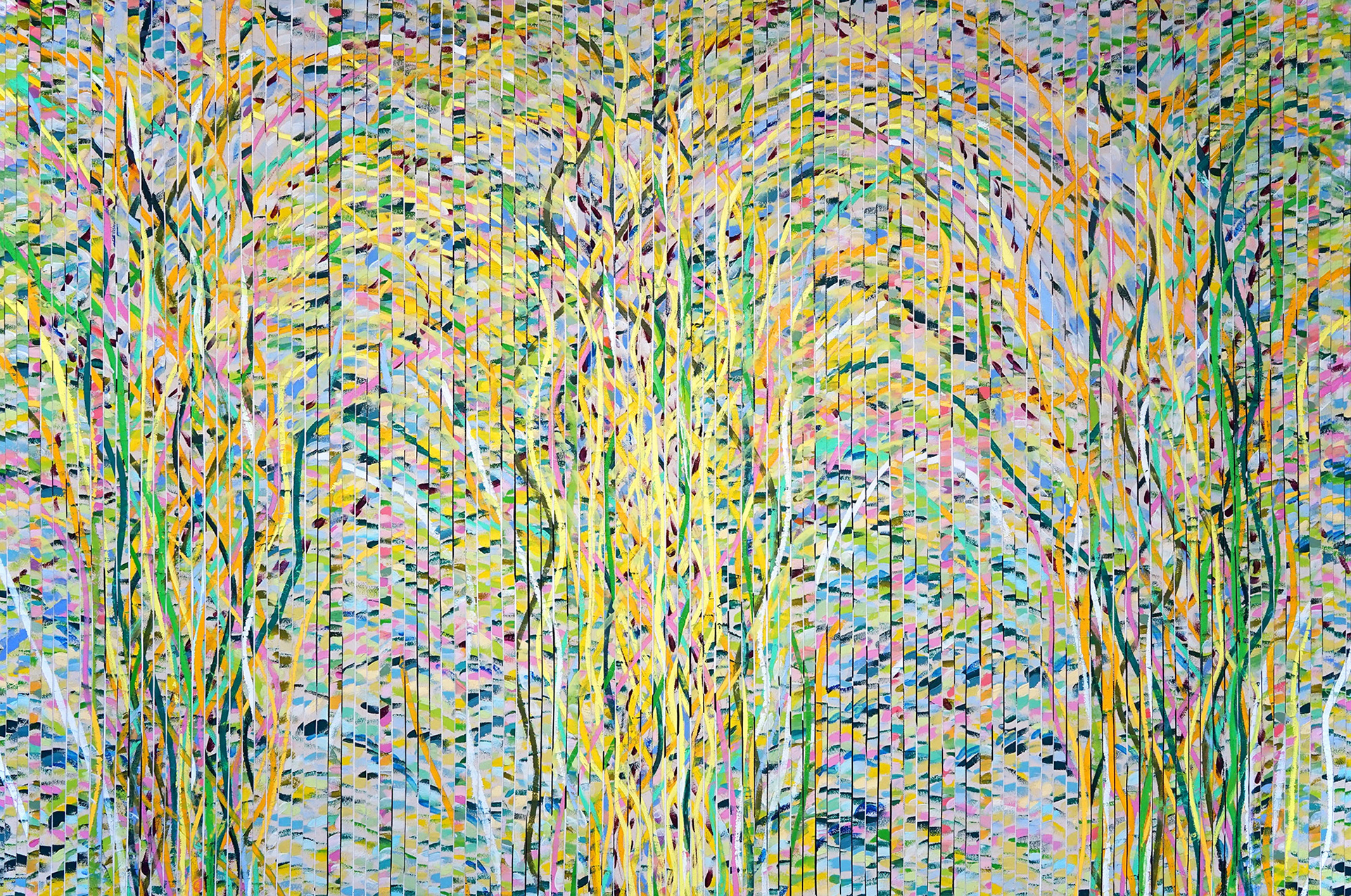 OUT OF THE WOOD oil on canvas stripes over canvas, 40 by 60 inches (102x152cm), 2020, Hermann Lederle